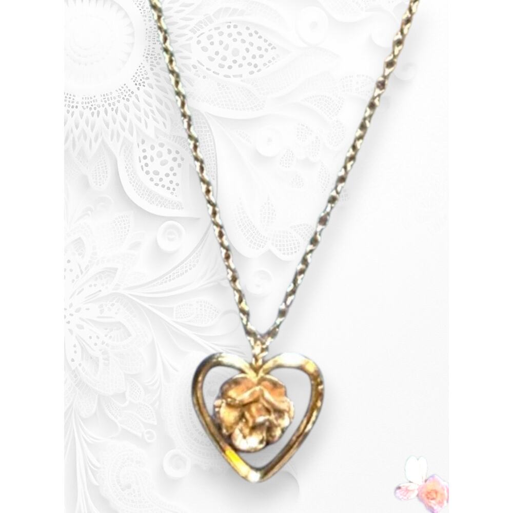 Vintage Krementz Heart Pendant Necklace Rose Floral Gold Filled 445